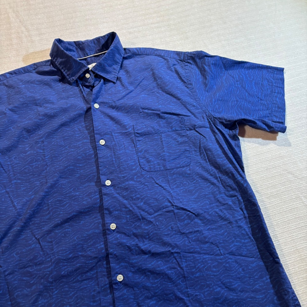 Peter Millar Mens Blue Wave Print Short Sleeve Button Down Shirt L MF21W56CFS